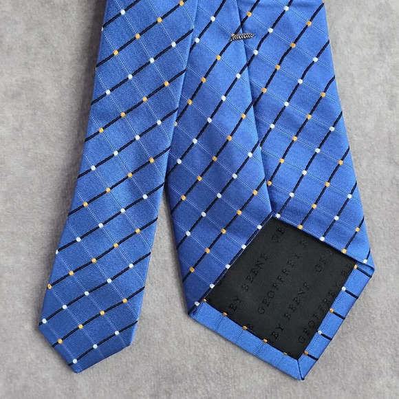 Geoffrey Beene Blue Plaid Stripe Geometric Polka Dot Silk Neck Tie Men's - Picture 5 of 6